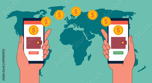 Money Transfer to Global with Hand holding Digital Wallet and Mobile Banking App Gateway Platform, Vector Flat Illustration Design