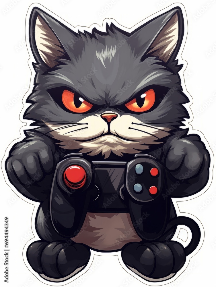 Cartoon sticker evil gamer kitten with game joystick, AI Cartoon sticker evil gamer kitten with game joystick, AI