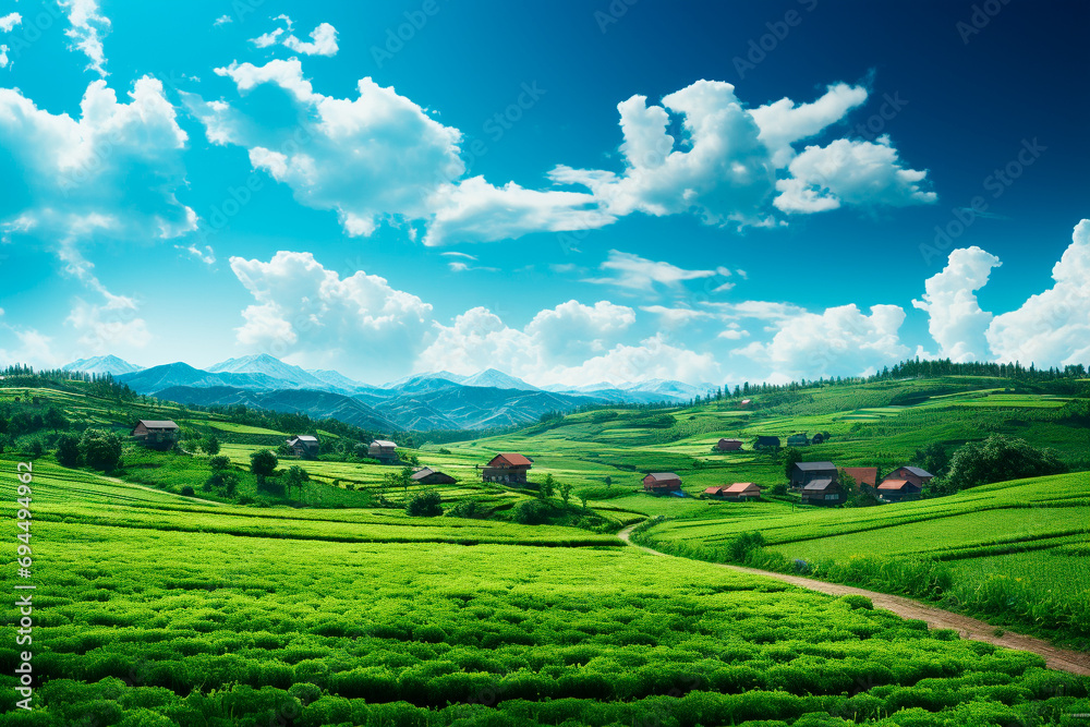 A beautiful landscape with small village and blue sky A beautiful landscape with small village and blue sky