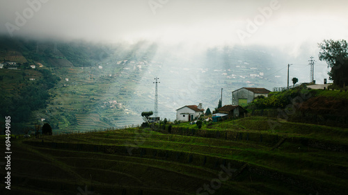 View of vineyards in the Douro Valley with light falling through the clouds, Portugal. photo