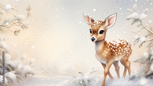  a painting of a fawn standing in the snow in front of snow covered trees and snow - covered branches. © Anna