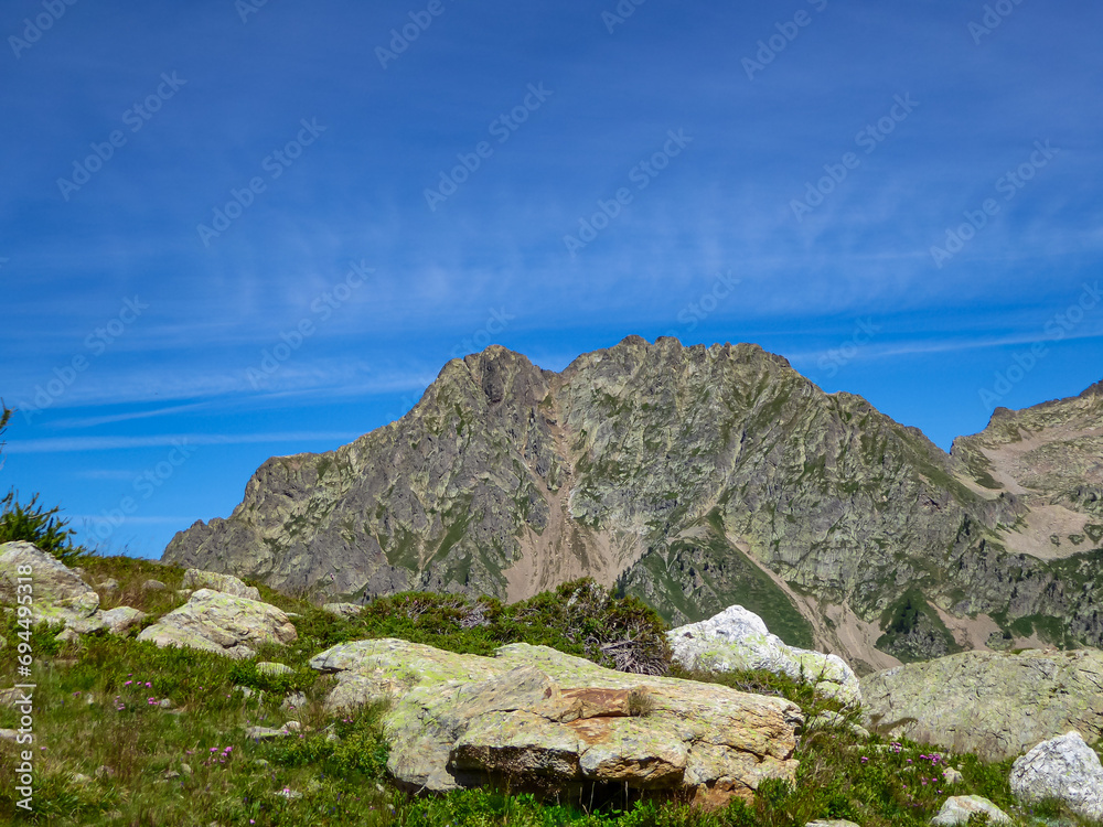 Scenic view of the mountain range near Santuario Sant'Anna di Vinadio in provincia di Cuneo, Piemonte, Italy, Europe. Hiking trails in the Italian Alps. Tranquil atmosphere high up. Wanderlust