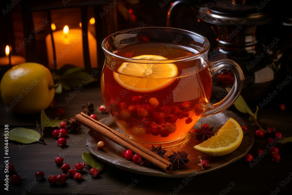 Aromatic Hot fruit homemade tea. Glass warm. Generate Ai Aromatic Hot fruit homemade tea. Glass warm. Generate Ai