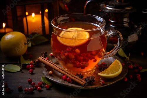 Aromatic Hot fruit homemade tea. Glass warm. Generate Ai