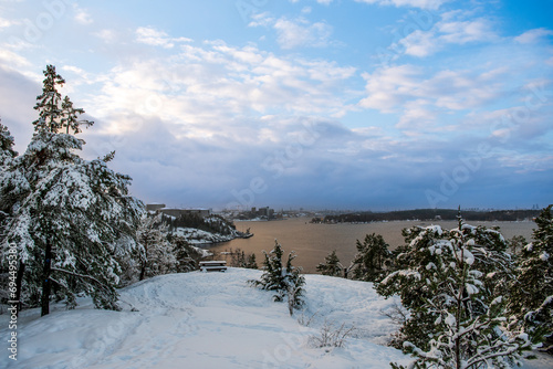 view of lake malaren in sweden, snow-covered trees and pines. winter landscape. photo