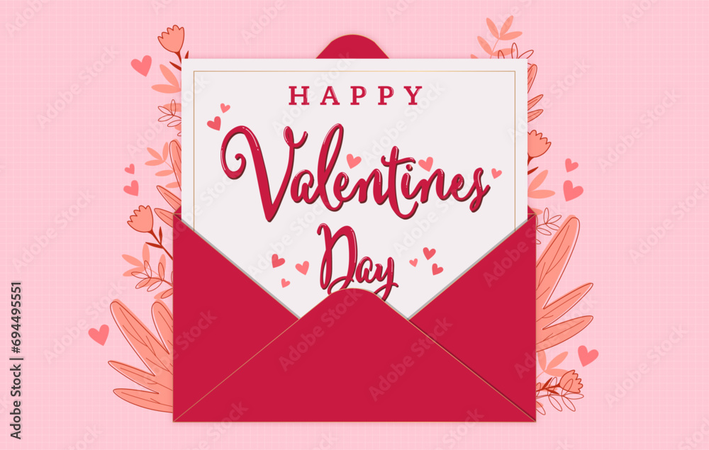 Happy Valentines Day envelope and flowers on pink holiday vector background top view. Various flowers for love romantic message in envelope. Flat lay composition. - obrazy, fototapety, plakaty 