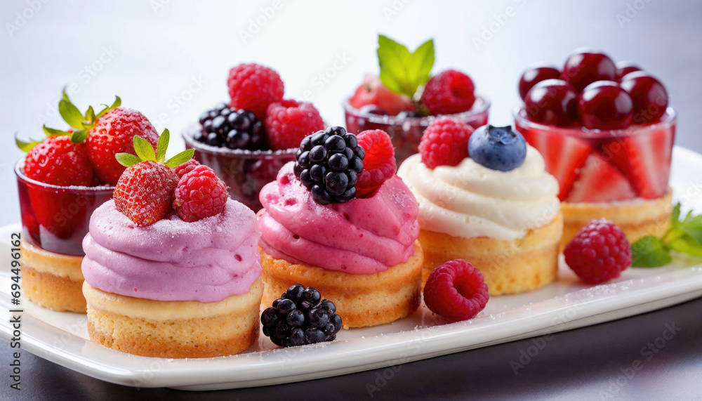 Berry sweet cakes on white background.Delicious berry mini cakes for holiday. Sweet food catering for party. Berry sweet cakes on white background.Delicious berry mini cakes for holiday. Sweet food catering for party.