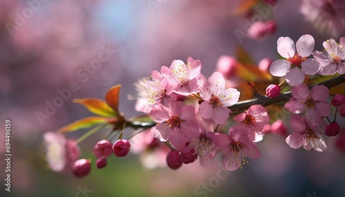 A close-up of pink cherry blossoms with a blurred background  highlighting the flowers    delicate petals and stamens.