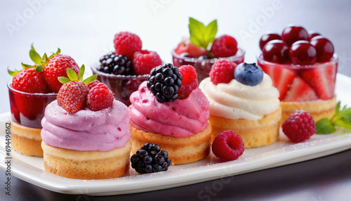 Berry sweet cakes on white background.Delicious berry mini cakes for holiday. Sweet food catering for party.