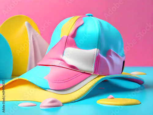 Pop art composition with pink  blue and  yellow cap and liquid.