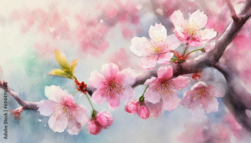 Close up watercolor painting of vibrant pink cherry blossoms on a branch, with green leaves against a soft background. Close up watercolor painting of vibrant pink cherry blossoms on a branch, with green leaves against a soft background.