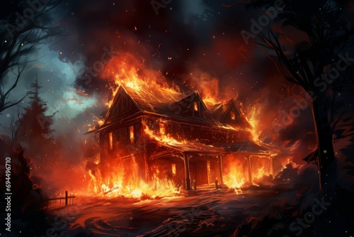 House in fire. Damage smoke rescue. Generate Ai