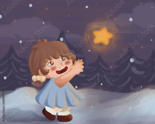 A girl with a shining star among snow
