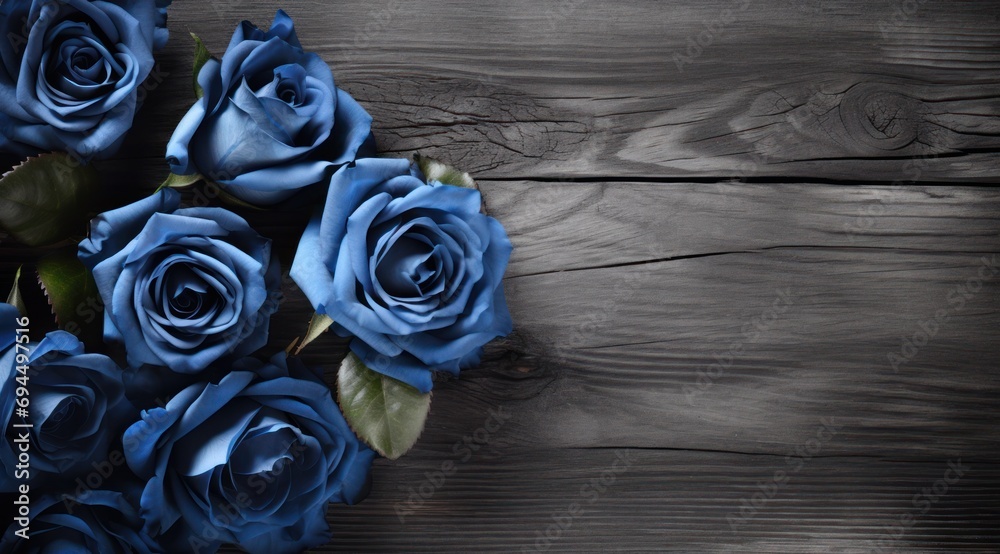 Roses de couleur bleu sur un fond en bois avec espace pour ajouter du texte - obrazy, fototapety, plakaty 