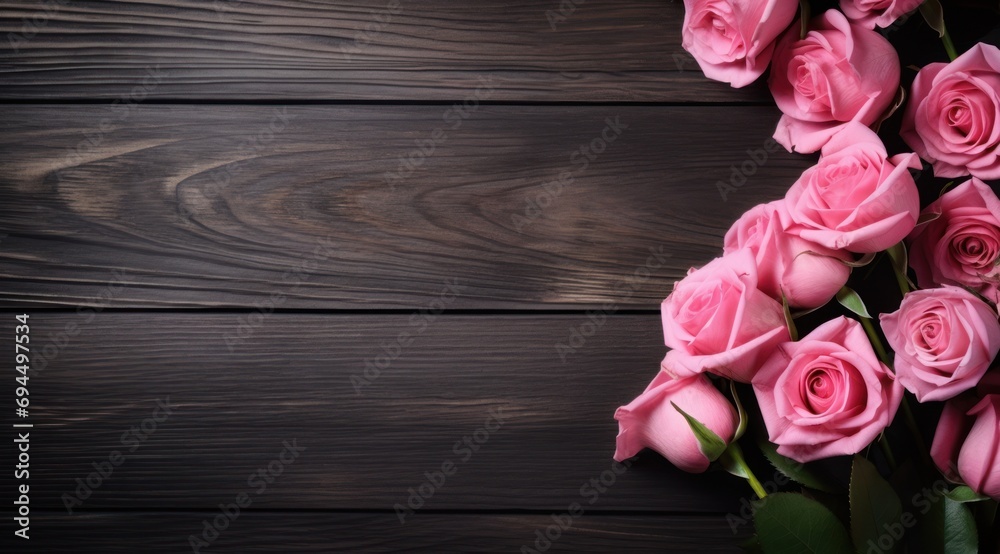 Roses de couleur rose sur un fond en bois avec espace pour ajouter du texte