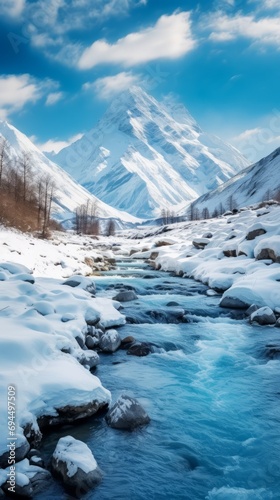 River on majestic mountains in winter