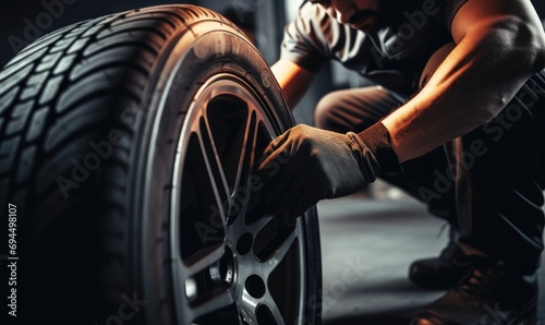 A skilled car mechanic changes tire on a car wheel. Tire change concept