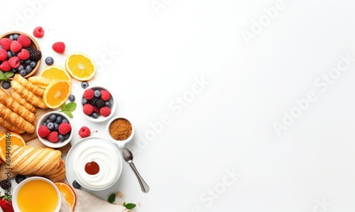 Top view of Healthy breakfast concept with fresh pancakes, berries, fruit on white backgroudt. Free space for your text.