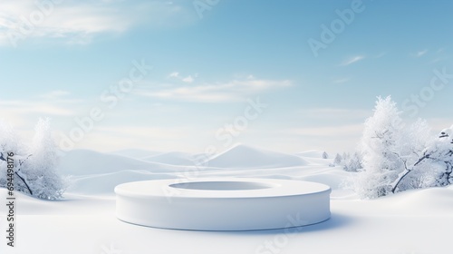Snowy Backdrop in Tranquil Winter Wonderland - Ideal for Product Presentation on Elegant White Podium in Serene Snowscape, Winter Product Placement, 3D Model  © EverydayStudioArt
