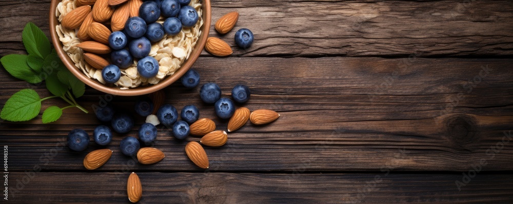 Naklejka premium Top view of Oatmeal porridge with fresh blueberries and almonds in a bowl on wooden table. Healthy breakfast concept