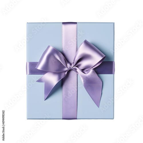 Top view of blue gift box with purple bow and ribbon without background
