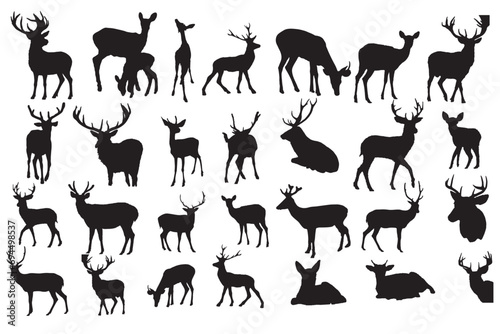 Black silhouettes of wild deers. Deer silhouettes set of deer. Deer  spotted deer  reindeer  black and white silhouette.