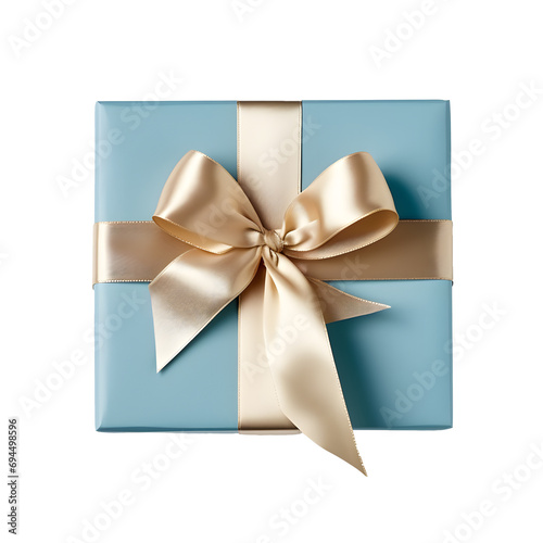 Top view photo of green present box with gold bow and ribbon. Without background