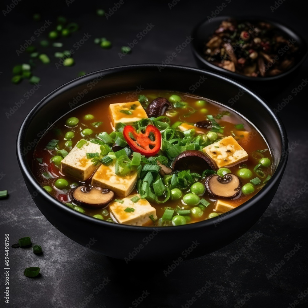 Japanese miso soup with tofu cheese, the taste of the east in every sip.