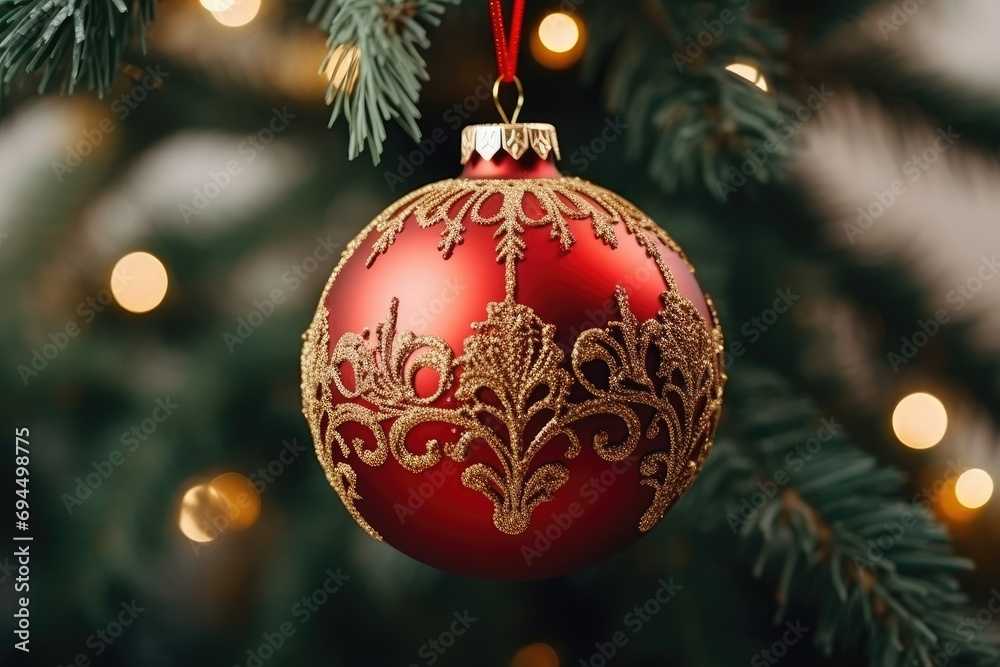A red New Year's ball on a fir branch, a symbol of celebration and joy A red New Year's ball on a fir branch, a symbol of celebration and joy