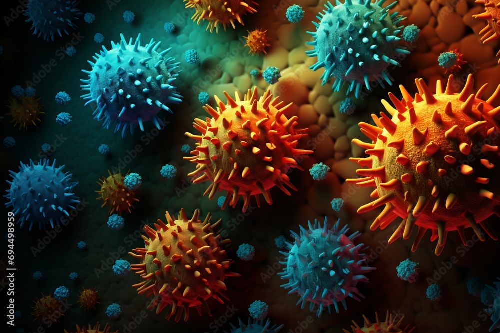 Fototapeta premium Virus Cells in Cellular Environment. Illustration Unveiling Dynamic Interactions of Viral Entities