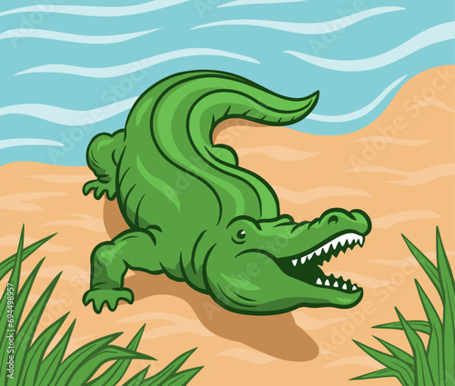 Green crocodile with open mouth. Aquatic carnivorous reptile. Toothy alligator and caiman. Predator hunter of Africa. Big animal on the river bank. Wild landscape. Cartoon vector color illustration