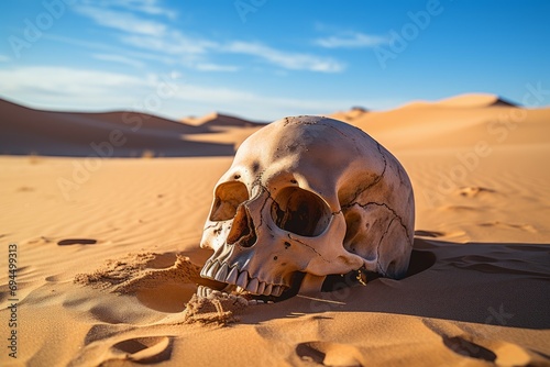 Eerie Human skull in desert. Dead head. Generate Ai