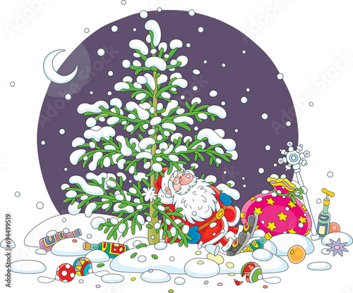 Slightly drunk Santa Claus sleeping under a snowy fir tree among empty wine bottles after a fun and noisy party on the winter festive night, vector cartoon illustration