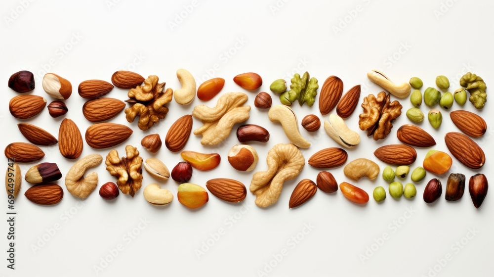  a variety of nuts and nutshells laid out in the shape of a rectangle on a white background.