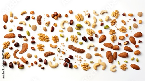  a variety of nuts and nutshells spread out on a white background, including almonds, pistachios, almonds, cashews, cashews, cashews, and more.