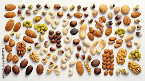  a variety of nuts and nutshells laid out in a row on top of each other, including almonds, pistachios, cashews, cashews, cashews, cashews, and more.