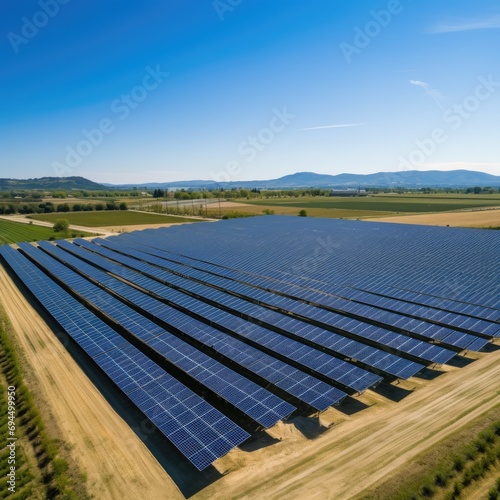 Aerial top view of a solar panels power plant. Modern technology, climate care, earth saving, renewable energy anti global warming concept