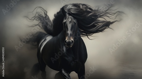  a black horse is galloping through the air with its hair blowing in the wind in front of a black background. © Anna