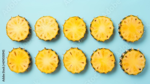  a group of sliced pineapples sitting on top of each other on a blue and blue surface with one cut in half.