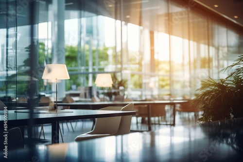 : Beautiful blurred background of a light modern office interior with panoramic windows and beautiful lighting