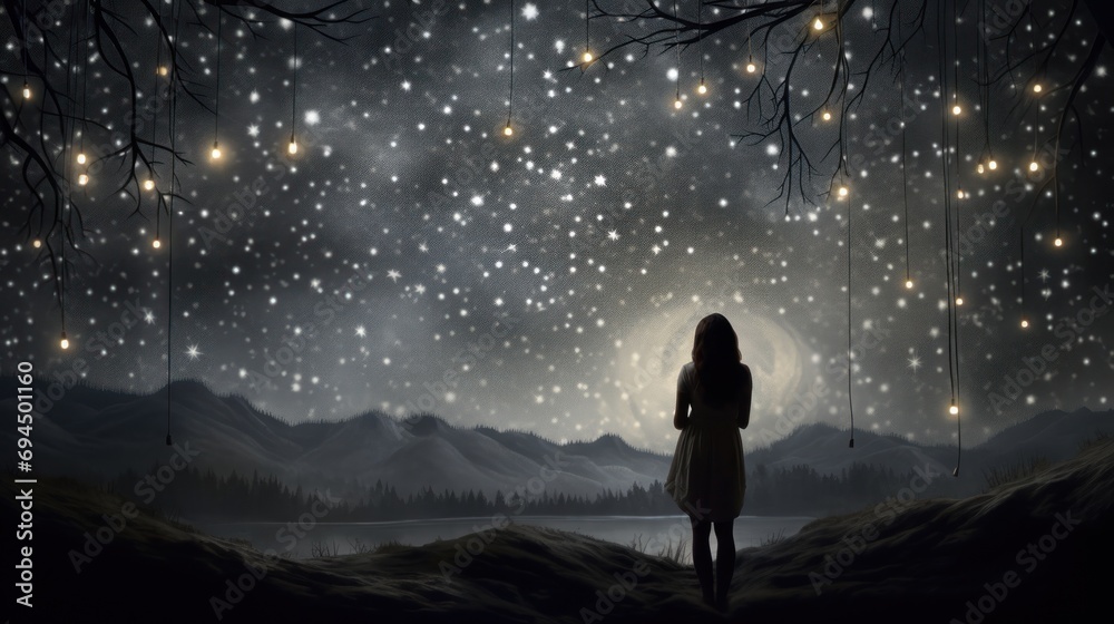  a painting of a person standing in the snow looking at the stars in the night sky over a mountain range.
