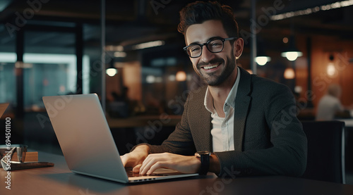 cheerful man smiles in office and looking at laptop © ArtCookStudio