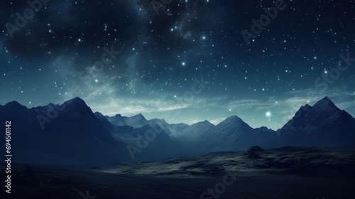  a view of a mountain range at night with the stars in the sky and the moon in the night sky.