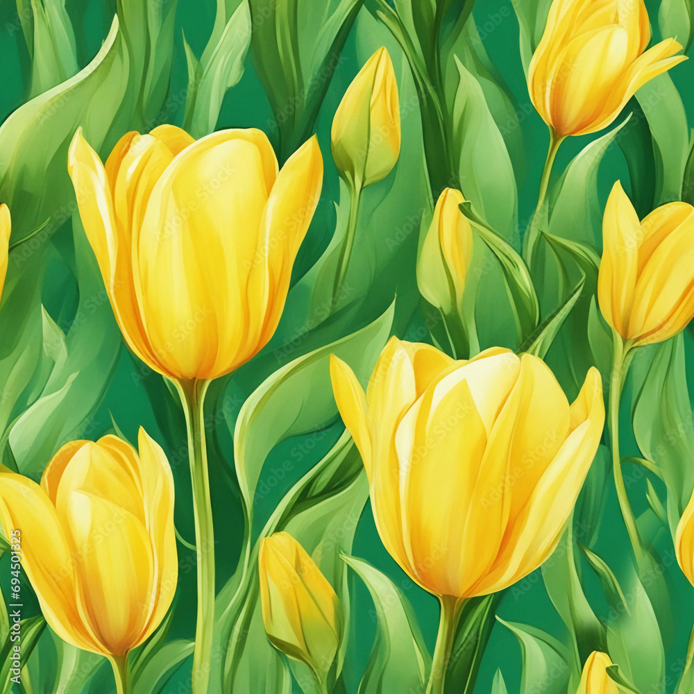 Seamless from yellow tulips and green leaves.