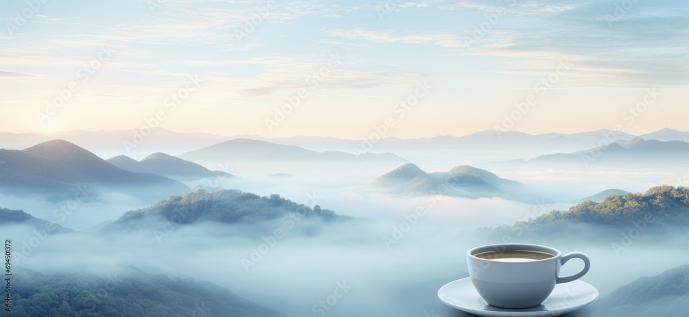 coffee cup on top of a mountain with fog coffee cup on top of a mountain with fog
