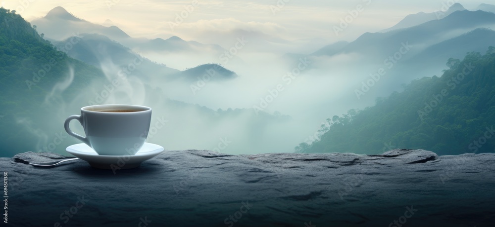 coffee cup on top of a mountain with fog coffee cup on top of a mountain with fog
