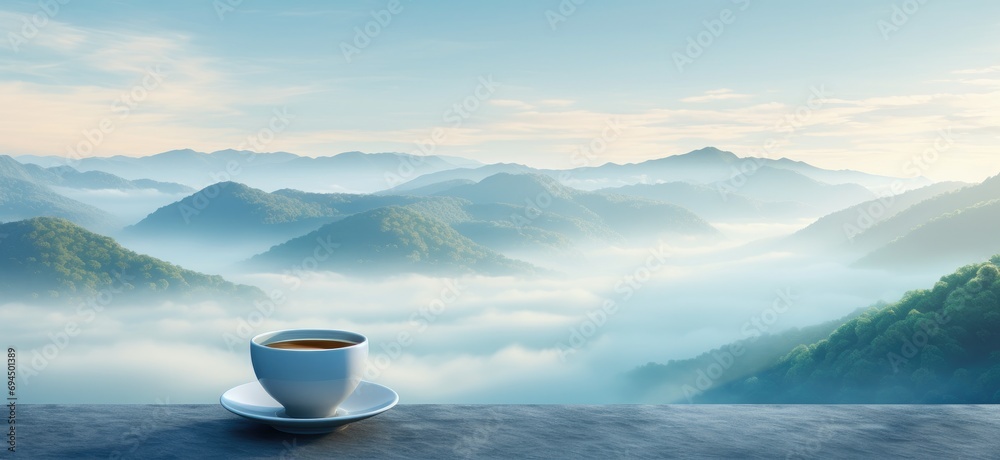 coffee cup on top of a mountain with fog coffee cup on top of a mountain with fog