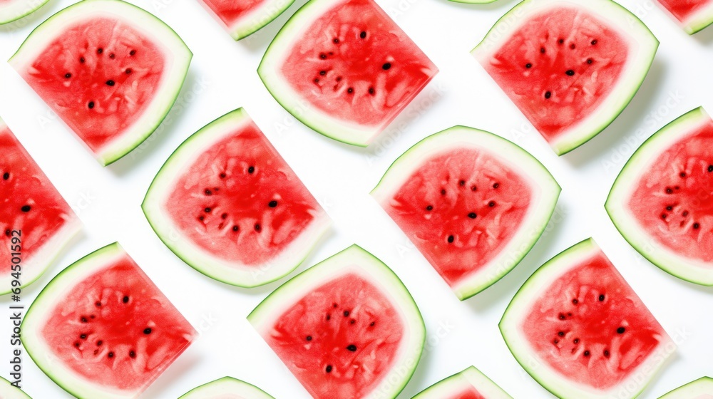 a group of slices of watermelon sitting on top of each other on top of a white counter top. a group of slices of watermelon sitting on top of each other on top of a white counter top.