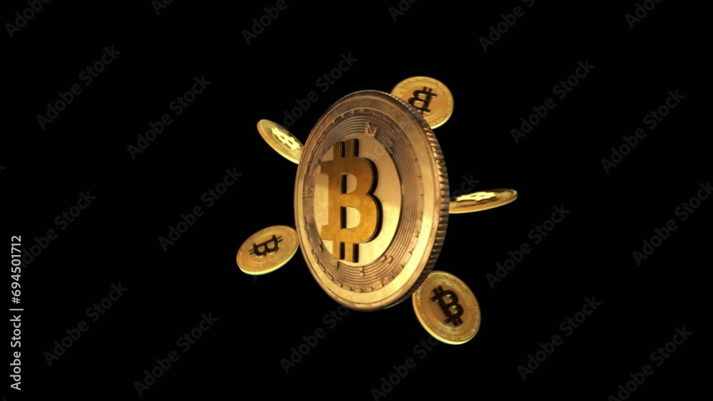 Golden Bitcoin coin rotating gracefully against a green screen background. Alpha Channel
