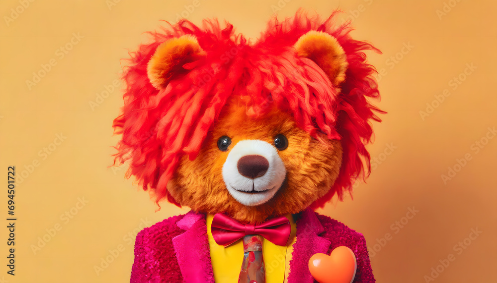 clown, teddy, rote, perücke, süss, close up, copy space, hintergrund, Spielsachen, handel, orange, rot, liebe, kostüm clown, teddy, rote, perücke, süss, close up, copy space, hintergrund, Spielsachen, handel, orange, rot, liebe, kostüm
